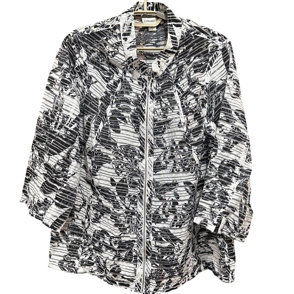 Coldwater Creek Women Jacket 16 Black White Sheer Full Zip Lightweight STAIN